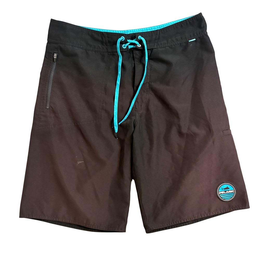 Pelagic Mens Black Turquoise Topo Print Board Shorts Fishing Swim Trunks Size 34